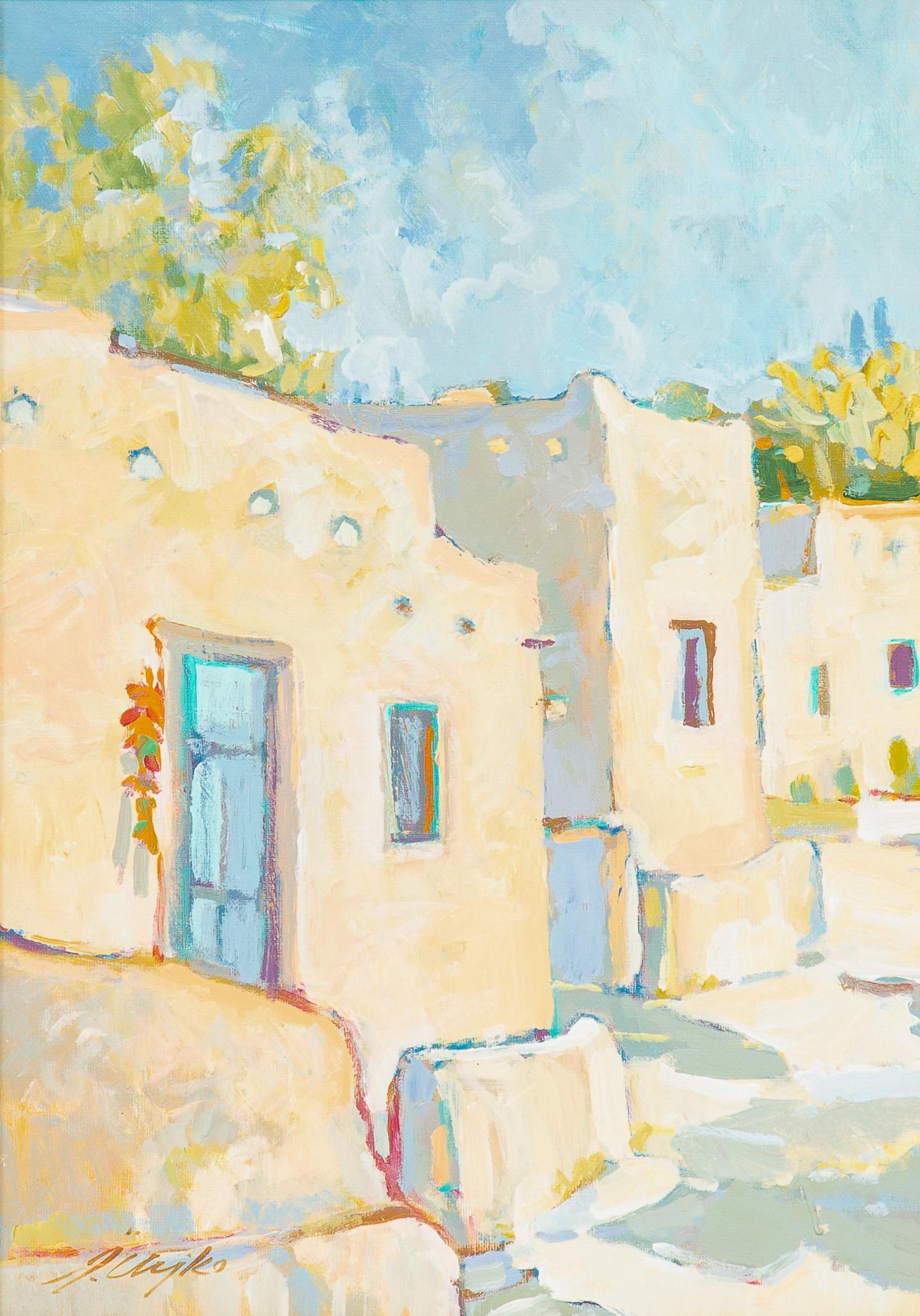 Jerry Cajko (b. 1941), "Upper Canyon Road": Jerry Cajko (b. 1941), "Upper Canyon Road"; (Santa Fe). acrylic on linen canvas. sight: 18 x 13", frame: 24 x 19". Provenance: A San Antonio, Texas collection Jerry Cajko finds subjects for his oil