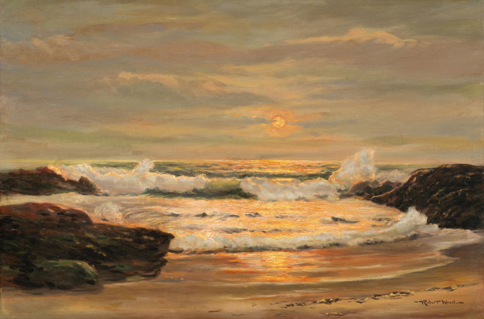 Robert Wood (1889-1979), Laguna Beach Sunset, c. 1940: Robert Wood (1889-1979), Laguna Beach sunset, c. 1940. oil on canvas. sight: 24 x 36", frame: 34 x 46". Condition: Fully restored to museum quality Provenance: A San Antonio, Texas collection A