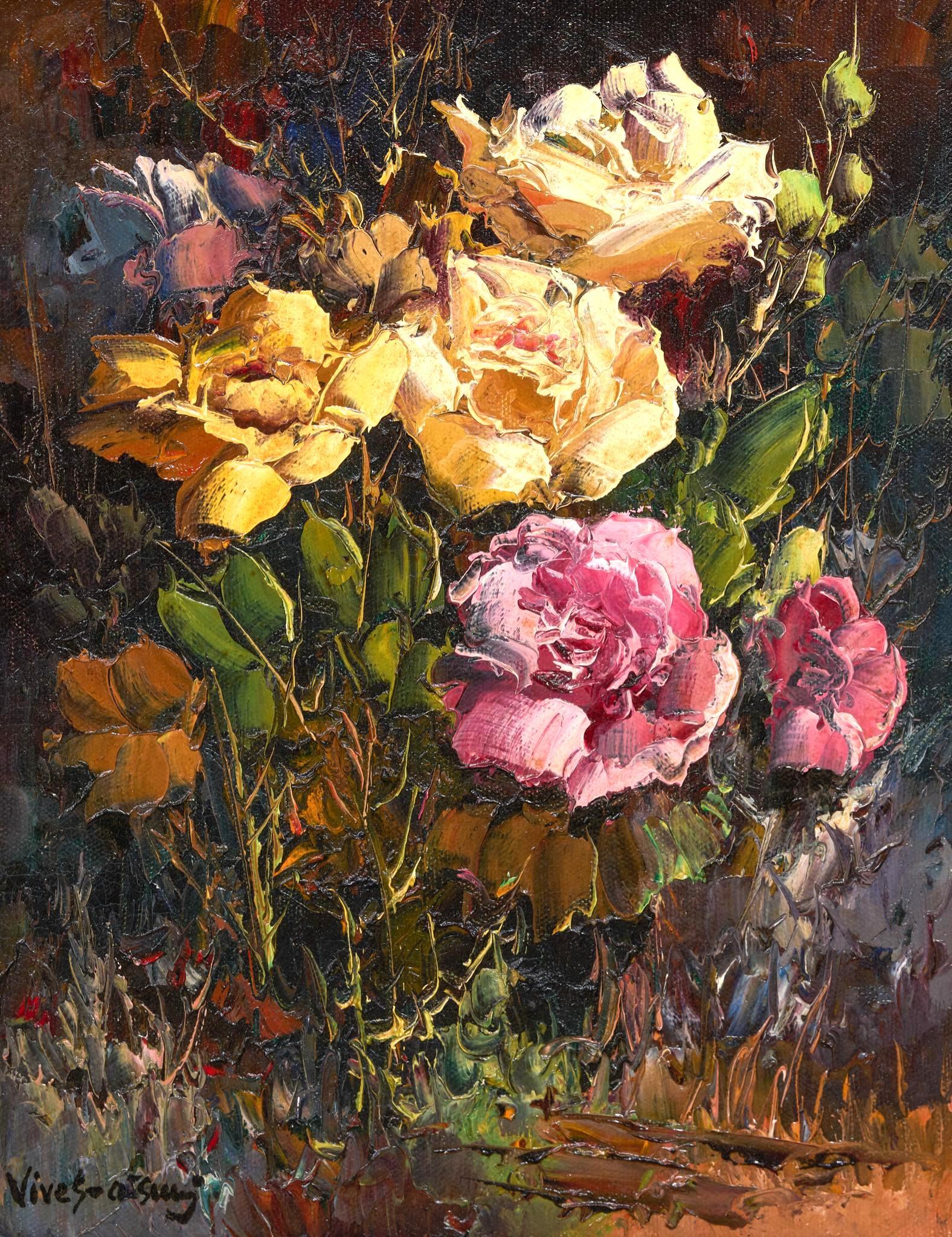Jose Vives-Atsara (1919-2004), "Roses", 1974: Jose Vives-Atsara (1919-2004), "Roses", 1974. oil on canvas. sight: 12 x 9", frame: 21 x 18". Provenance: A San Antonio, Texas collection A native Spaniard, Vives-Atsara developed a love of painting