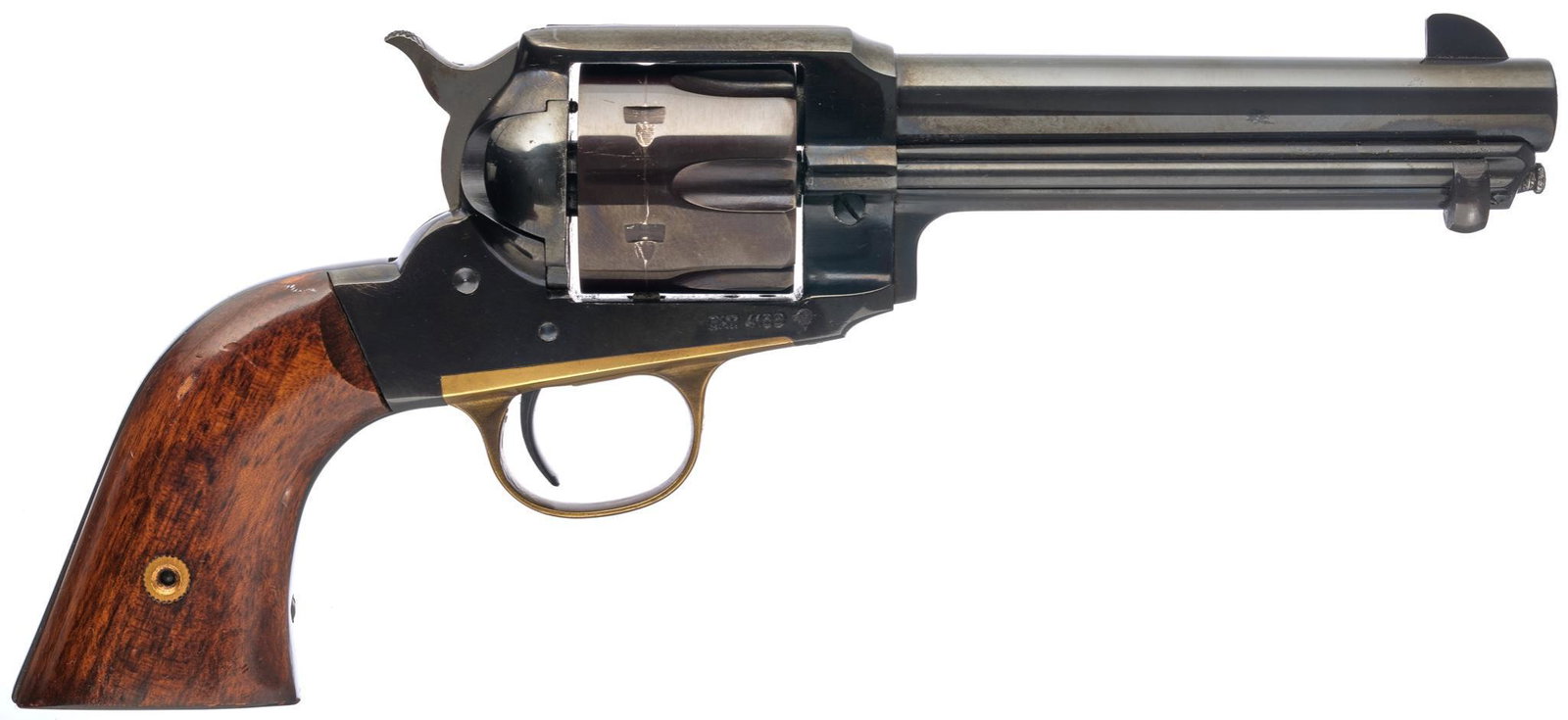 Uberti EMF 1890 Outlaw .45LC SA Revolver: Serial: 16510 Manufacturer: A. Uberti, Italy / E.M.F. Co. Inc. import Model: 1890 Outlaw Caliber: .45LC Barrel length: 5.5" Condition: Good; wood grips have handling marks & chips on bottom ed