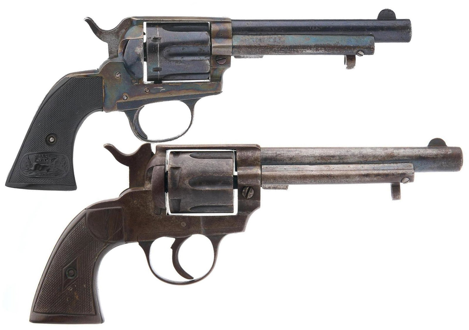 Pair of Colt Reproduction Revolvers: Spanish & Belgian: Serial: (1) 6396 (Spanish); (2) No SN (Belgian) Manufacturer: (1) Spain; (2) Belgium Model: (1) Alamo Ranger (Colt SAA copy); (2) Texas Ranger (Colt SAA copy) Caliber: (1) .38S&W SPL.; (2) .38 Lon