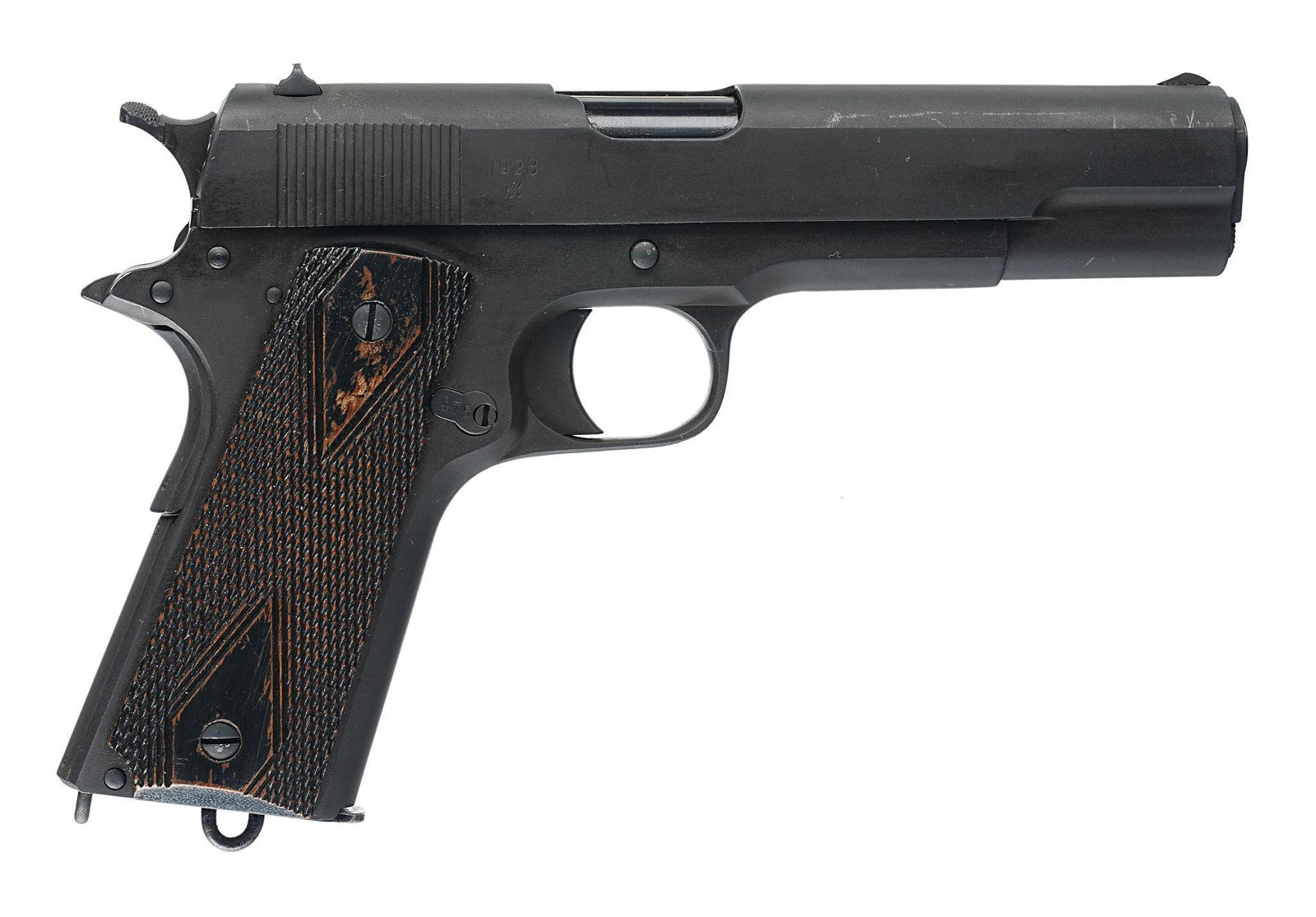 Norwegian M/1914 11.25mm Semi-Auto Pistol: Serial: 21475 (frame); 18110 (slide) Manufacturer: Kongsberg Vaapenfabrik, Norway (c.1928) Model: M/1914 "Kongsberg Colt" Caliber: 11.25mm Barrel length: 5" Condition: Good; wood grips hav
