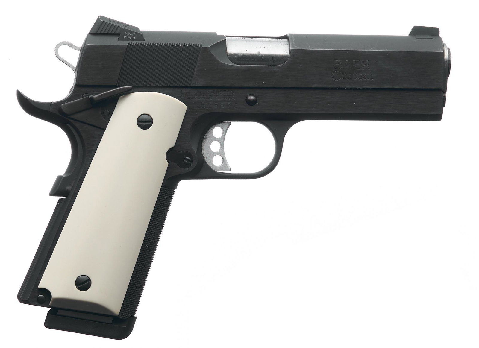 Les Baer Custom Monolith Comanche Heavyweight .45ACP Semi-Auto Pistol: Serial: LB15570 Manufacturer: Les Baer Custom Model: Monolith Comanche Heavyweight Caliber: .45ACP Barrel length: 4" Condition: Very Good; faux ivory grips have light handling marks; slide & frame hav