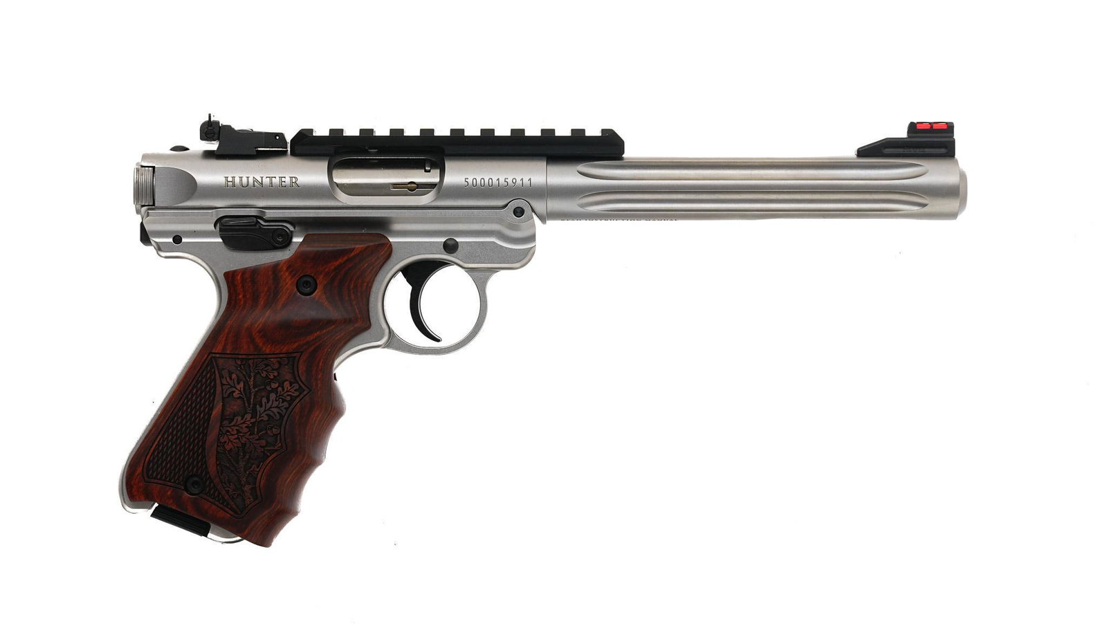 Ruger Mark IV Hunter .22LR Semi-Auto Pistol: Serial: 500015911 Manufacturer: Ruger, USA Model: Mark IV Hunter Caliber: .22LR Barrel length: 7" Condition: Excellent; wood grips are excellent w/ very light signs of handling; barrel & frame