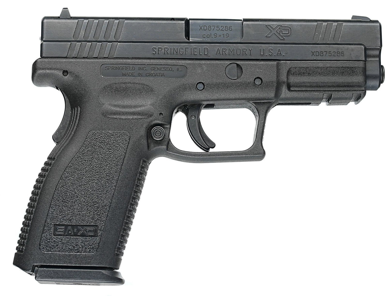 Springfield XD-9 9mm Semi-Auto Pistol: Serial: XD587286 Manufacturer: Springfield Armory Model: XD-9 Caliber: 9mm Barrel length: 4" Condition: Very Good; polymer frame has little to no handling marks; slide has light handling marks; bo