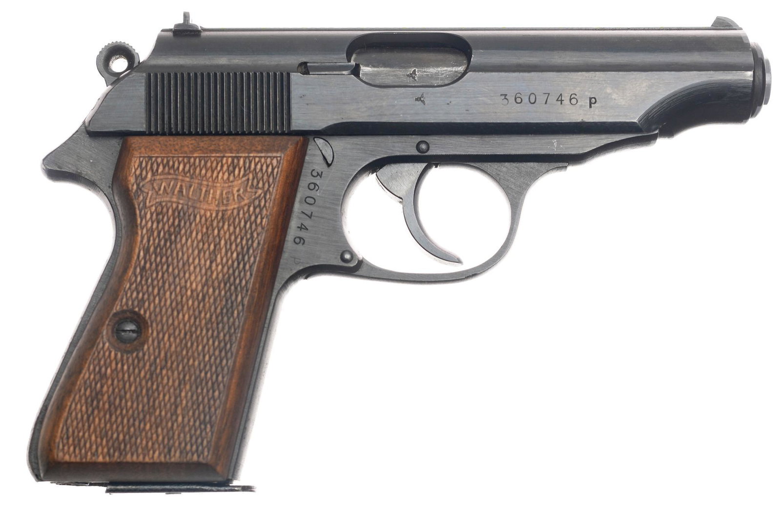 WWII Walther PP 7.65mm Semi-Auto Pistol: Serial: 360746P Manufacturer: Waffenfabrik Walther, Germany (c. 1944) Model: PP Caliber: 7.65mm Barrel length: 4" Condition: Good; wood grips have light handling marks; frame & slide have wear