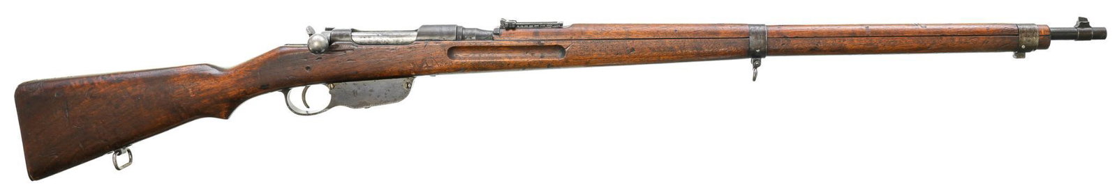 Austrian Steyr M.95 8x52R Mannlicher Straight-Pull Bolt-Action Rifle: Serial: 6096Y (matching) Manufacturer: Steyr, Austria (c.1916) Model: M.95 Caliber: 8x56R Mannlicher Barrel length: 30" Condition: Good; handling marks on wood stock are commensurate w/ age & 