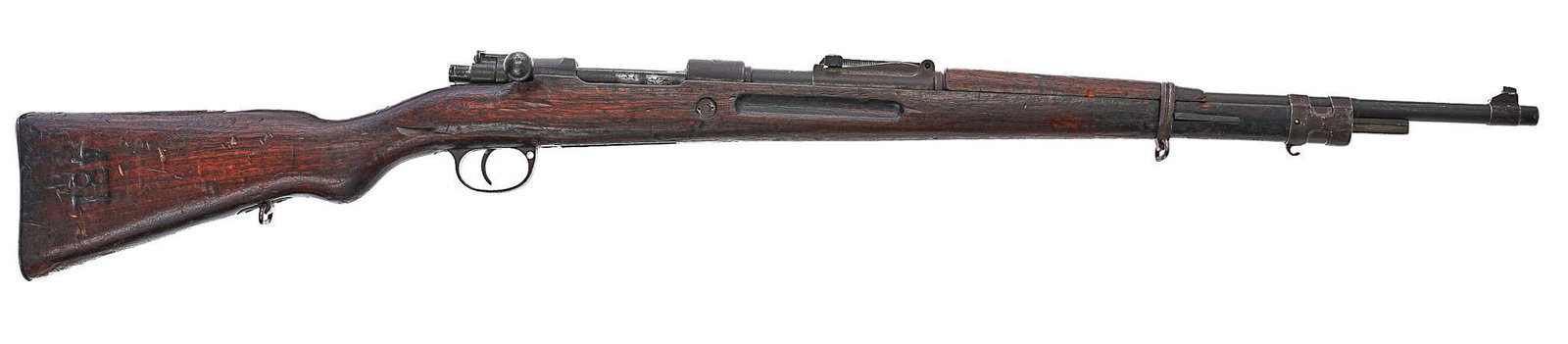 Chinese Kar 98a 8x54mm Bolt-Action Carbine: Serial: I 4392 Manufacturer: Chiang Kai-Shek Chinese State Arsenal (c. March, 1944) / CAI Import Model: Kar 98a Carbine Caliber: 8x54mm Barrel length: 24" Condition: Fair; wood stock has heavy wea