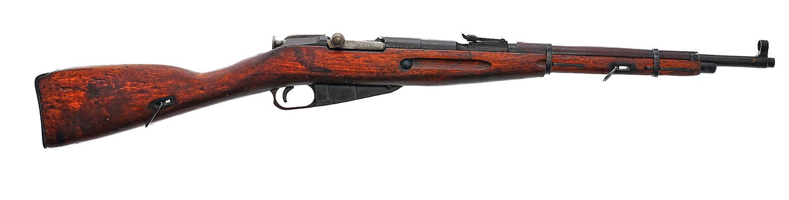 Soviet Izhevsk Mosin-Nagant M38 7.62x54R Bolt-Action Carbine: Serial: 6521 on receiver; mixed SNs on parts Manufacturer: Izhevsk Arsenal, Russia (c. 1944) Model: M38 Carbine Caliber: 7.62x54R Barrel length: 20" Condition: Fair; wood stock has fairly heavy wear &
