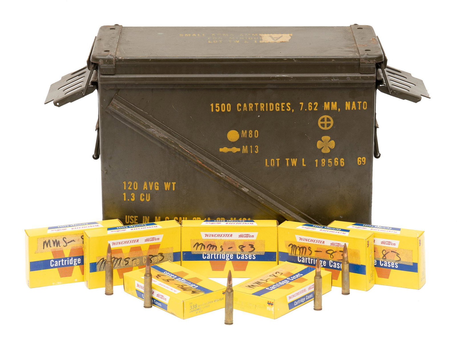 794 Rounds of Home-Loaded .338WIN MAG Ammunition: Includes: -40 boxes of (20) Winchester Super Speed unprimed cases that have been home loaded -very large ammunition can Provenance: A San Antonio, Texas Estate All ammunition within this auction is so