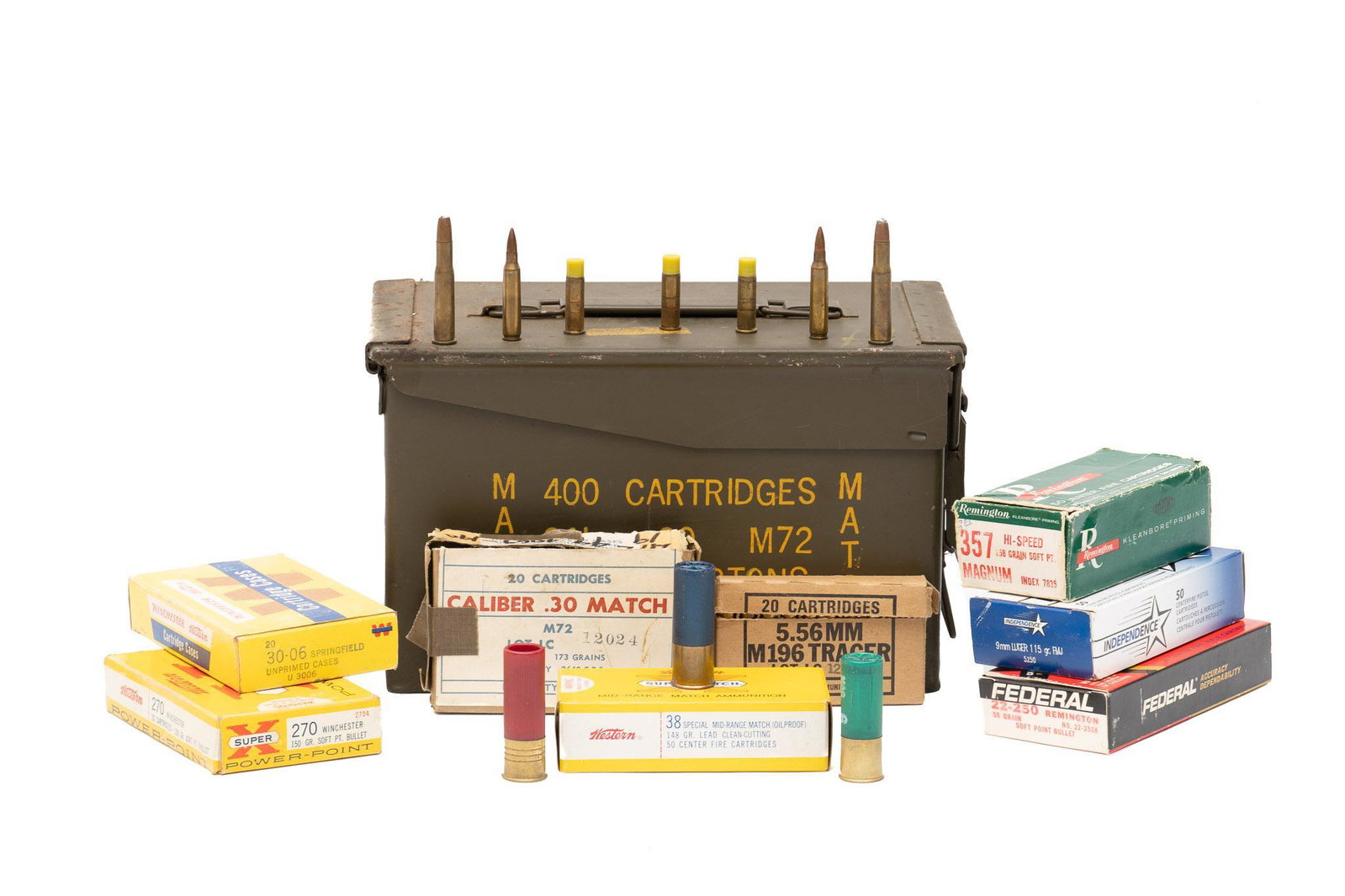 340 Rounds of Misc. Caliber Ammunition: Includes: -94 rds of Federal .22-250 55gr. SP -76 rds of Winchester M41 .38SPL FMJ -51 rds of Winchester Super-Match .38SPL 148gr. Lead Clean-Cut -24 rds of 5.56x45mm: 21 x SP, 3 x FMJ -31 rds of mixe