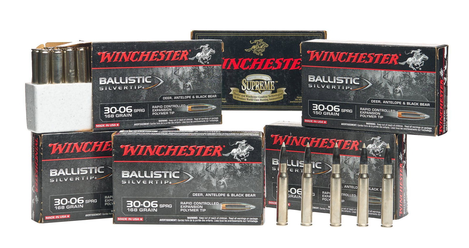 120 Rounds of Winchester Ballistic Silvertip .30-06SPRG Ammunition: Includes: -80 rds of Winchester Ballistic Silvertip: .30-06SPRG, 168gr. rapid controlled expansion PT -40 rds of Winchester Ballistic Silvertip: .30-06SPRG, 150gr. rapid controlled expansion PT Proven