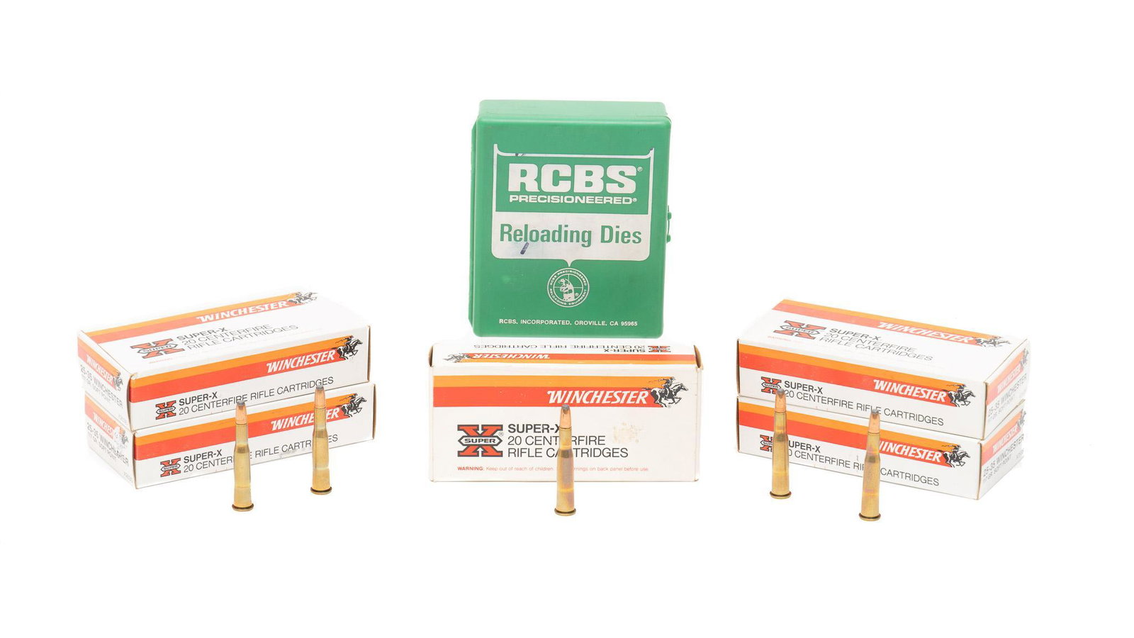 100 Rounds of .25-35 Winchester 117Gr. Soft Point Ammunition: Includes: -5 boxes of .25-35WIN ammunition -2 x RCBS Reloading Dies for .25-35WIN Provenance: A Seguin, Texas Estate All ammunition within this auction is sold "as-is, where is". Vogt takes no