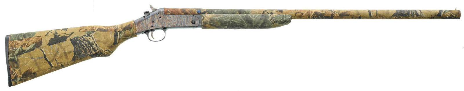 H&R Model 88 "Topper" 12-Gauge Break-Action Shotgun: Serial: AY543084 Manufacturer: Harrington & Richardson Model: 88 Topper Caliber: 12 Ga. Barrel length: 27.5" Condition: Good; wood stock and barrel are covered with a camouflage wrap; receiver