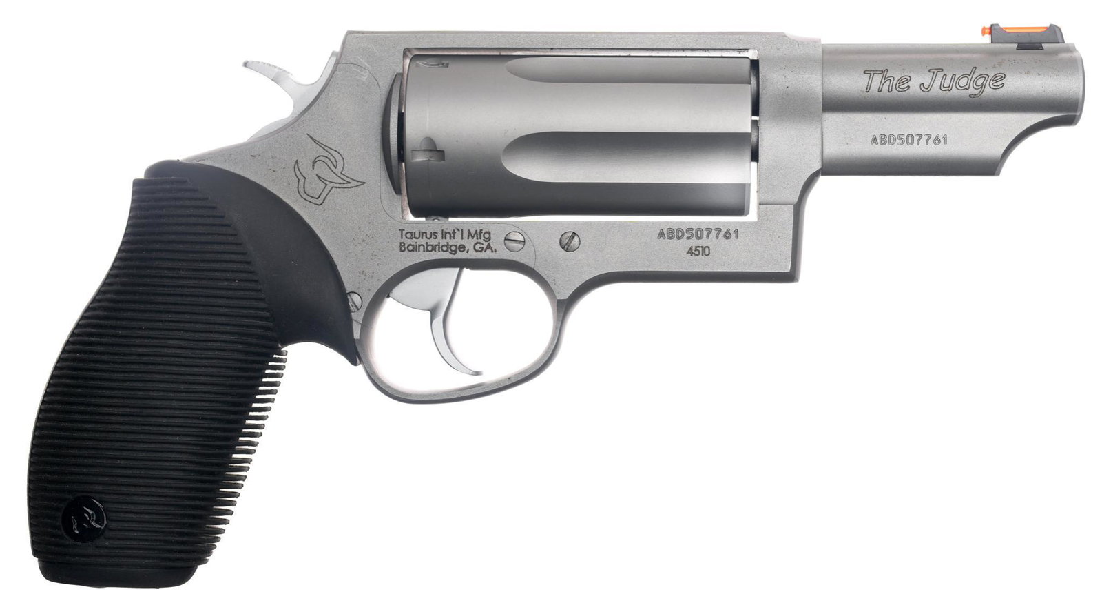 Taurus Judge .45LC/ 410 Bore Revolver: Serial: ABD507761 Manufacturer: Taurus Int'l Mfg. Model: The Judge Caliber: .45LC/410 bore Barrel length: 3" Condition: Good; rubber grips have light handling marks; barrel & frame have li