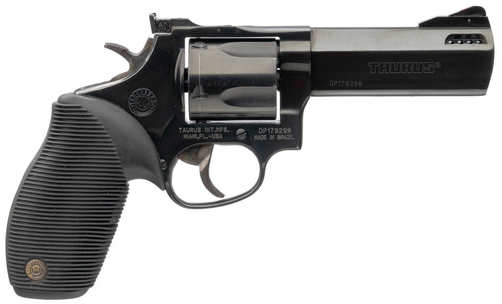 Taurus Model 44C Tracker .44MAG Revolver: Serial: DP179298 Manufacturer: Taurus Model: 44C Tracker Caliber: .44MAG Barrel length: 4" Condition: Good; rubber grips have handling marks & some ribbing missing on left side; barrel & f