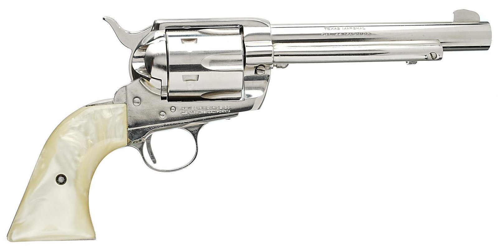 J.P. Sauer & Sohn Texas Marshall .44MAG Revolver: Serial: 27213/4 Manufacturer: J.P Sauer & Sohn / Hawes Firearms Co. Model: Texas Marshall Caliber: .44MAG Barrel length: 6" Condition: Very Good; faux Mother of Pearl grips have brown patina a