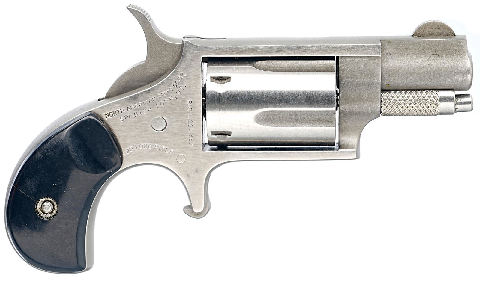 North American Arms NAA 22 .22LR Mini Revolver: Serial: C55555 Manufacturer: North American Arms Model: NAA 22 Caliber: .22LR Barrel length: 1.125" Condition: Good; plastic grips have light wear, one is cracked; barrel & frame have light ha