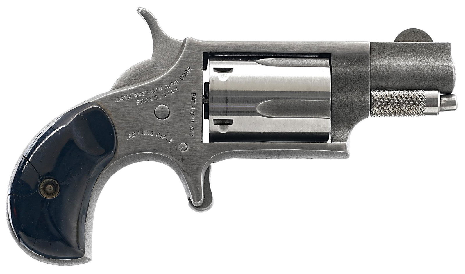 North American Arms NAA 22 .22LR Mini Revolver: Serial: C21337 Manufacturer: North American Arms Model: NAA 22 Caliber: .22LR Barrel length: 1.125" Condition: Good; plastic grips both have cracks; barrel & frame have light handling marks; b
