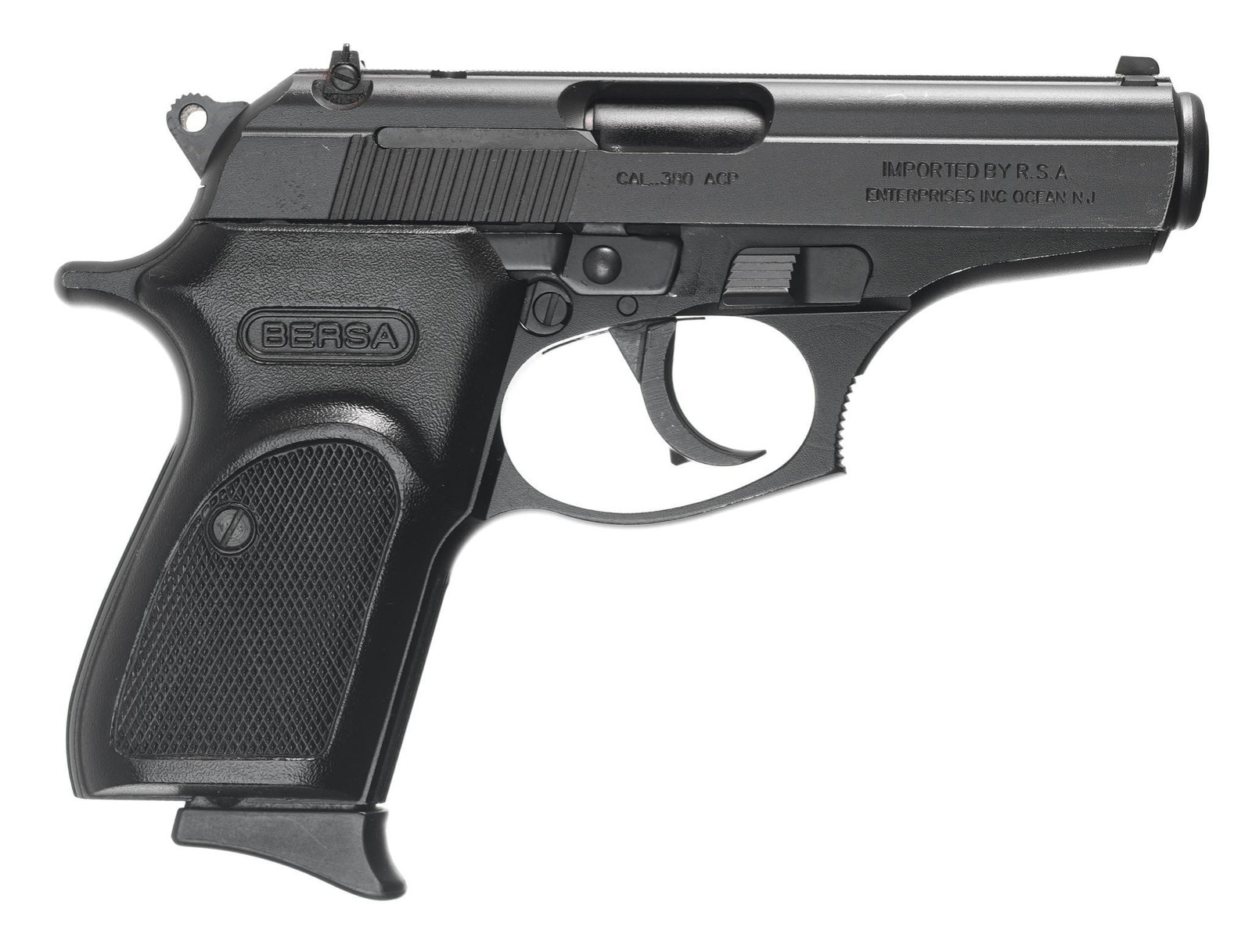 Bersa Thunder 380 Semi-Auto .380ACP Pistol: Serial: E03383 Manufacturer: Bersa S.A.-Argentina/R.S.A. Import Model: Thunder 380 Caliber: .380ACP Barrel length: 3.5" Condition: Good; light handling marks on plastic grips; barrel & slide h