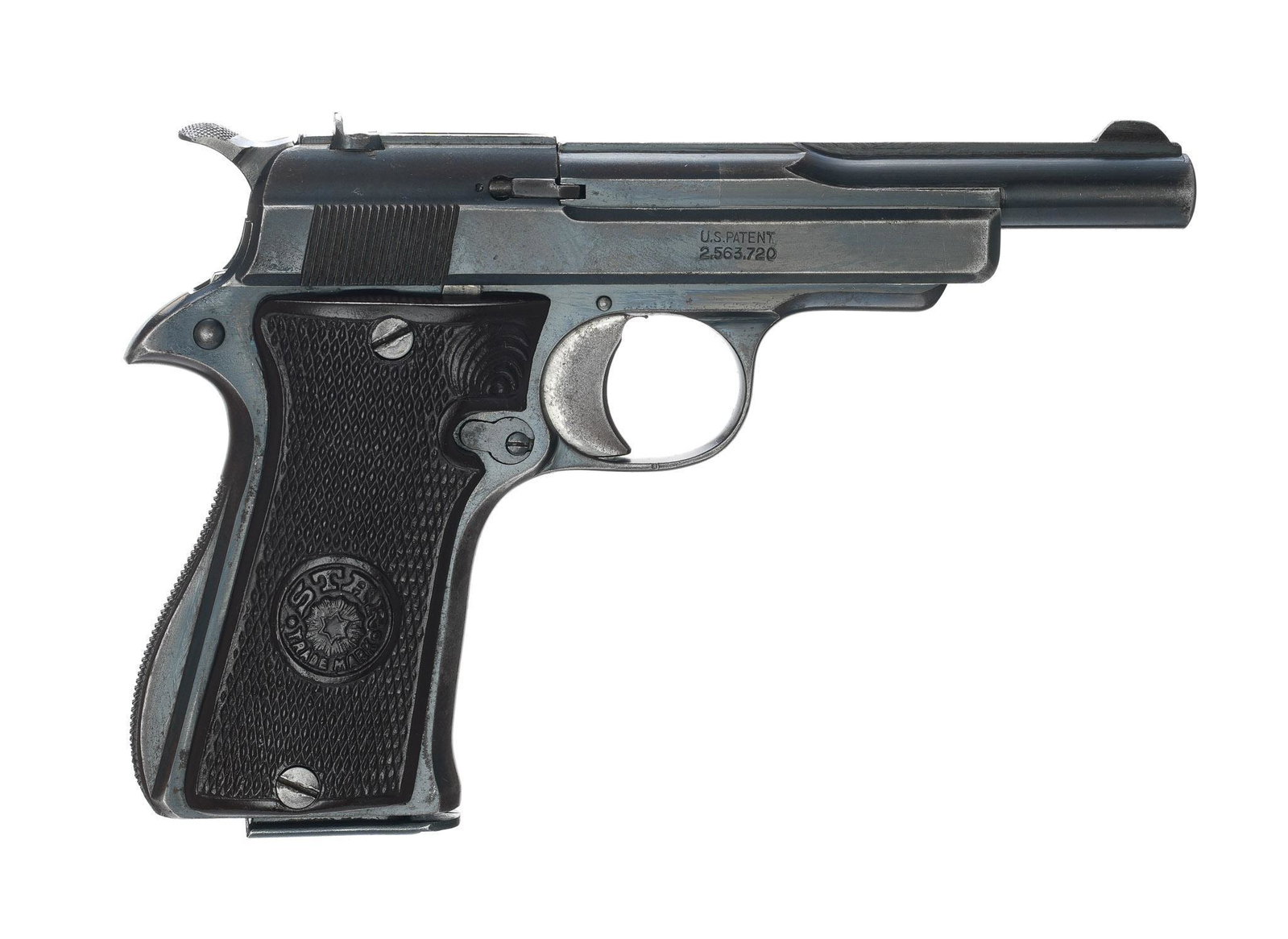 Star Model F .22LR Semi-Auto Pistol: Serial: 572162 Manufacturer: Star B. Echeverria Eibar-Spain Model: F Caliber: .22LR Barrel length: 4.25" Condition: Fair; Bakelite grips have handling marks/wear; frame & slide have blue finis