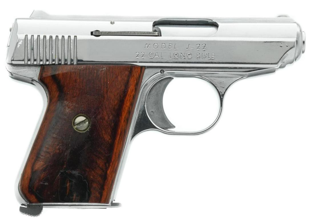 Jennings J-22 .22LR Semi-Auto Pistol: Serial: 353816 Manufacturer: Cal West Co./ Jennings Firearms Inc. Model: J-22 Caliber: .22LR Barrel length: 2.5" Condition: Good; wood grips have light handling marks; chrome finish has handling m