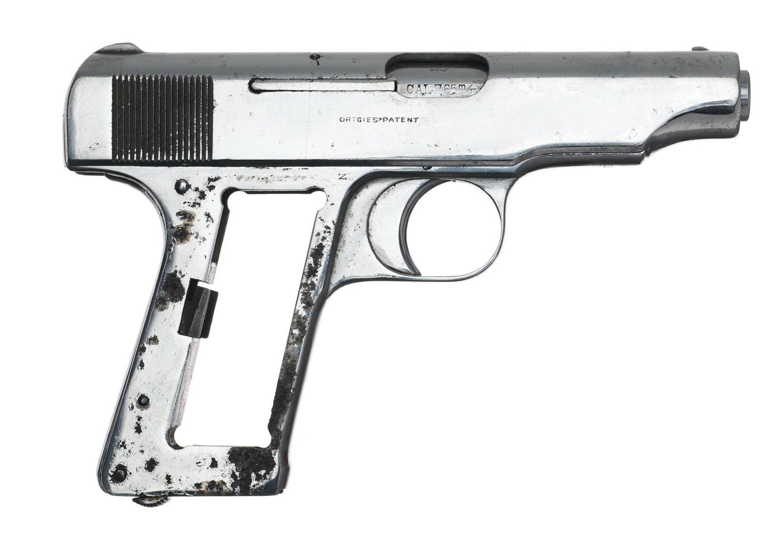 Deutsche Werke Ortgies Patent 7.65mm Semi-Auto Pistol: Serial: 105749 Manufacturer: Deutsche Werke Model: Ortgies Caliber: 7.65mm Barrel length: 3.5" Condition: Fair; wood grips have handling marks & old tape residue, they are loose from frame of 