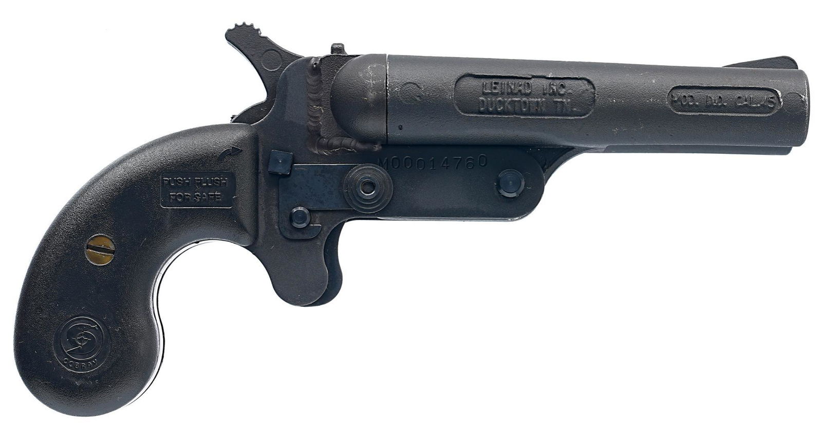 Leinad Inc. Model DD Cobray .45LC/410 Derringer Pistol: Serial: M00014760 Manufacturer: Leinad Inc. Model: DD Cobray Derringer Caliber: .45LC/410 bore (3") Barrel length: 3.675" Condition: Good; plastic grips have light handling marks; barrels &