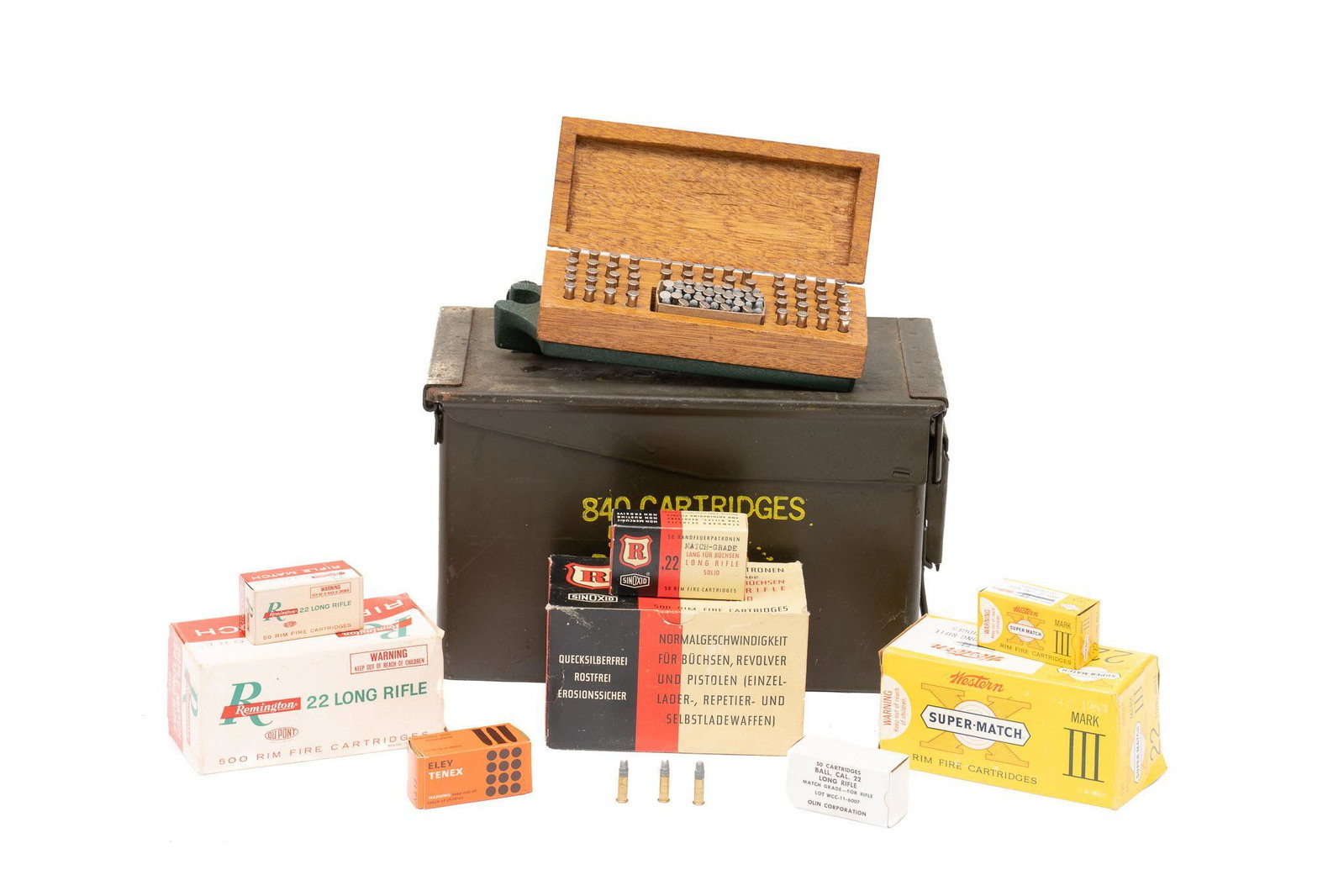 Approx. 3893 Rounds of Misc. .22LR Ammunition: Includes: -800 rds of Winchester Super X Mark III, 40gr. Match lead -26 rds of mixed Remington & Winchester, 40gr. lead -1000 rds of Winchester Olin Corp., 40gr. Match ball -350 rds of RWS Solid M