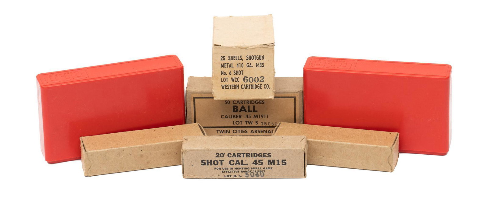 Misc. Lot of Military Ammunition: Includes: -40 rds of .45ACP tracer rounds -20 rds of .45 M15 shot cartridges (for hunting small game) -50 rds of .45ACP M1911 Ball Twin Cities Arsenal -25 shotshells of 410 M35 No. 6 WCC (for Airforce