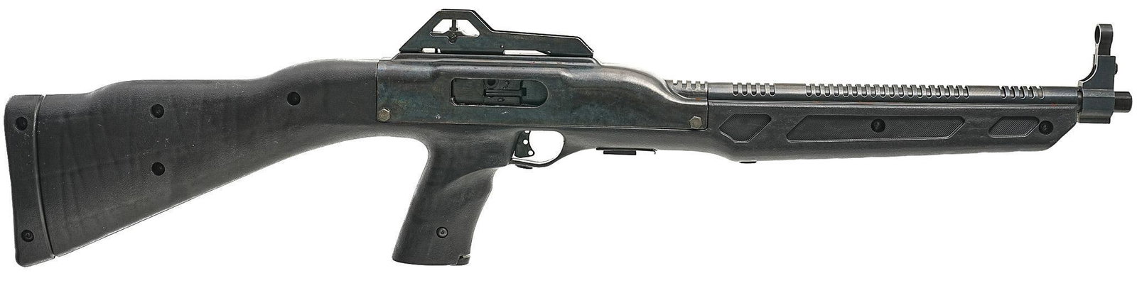 Hi-Point Model 995 9mm Semi-Auto Carbine: Serial: E41873 Manufacturer: Hi-Point Firearms Model: 995 Caliber: 9mm Barrel length: 16.5" Condition: Fair; polymer stock has light handling marks; barrel & receiver have light handling marks