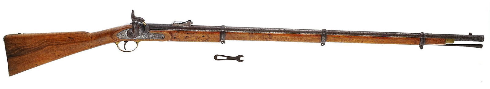 1861 British Tower P-1853 Enfield .577Cal Percussion Musket: Serial: No Sn Manufacturer: Tower, England (c. 1861) Model: Pattern 1853 Enfield Caliber: .577Cal Barrel length: 39" Condition: Good; wood stock is excellent for age w/ minor handling marks & 