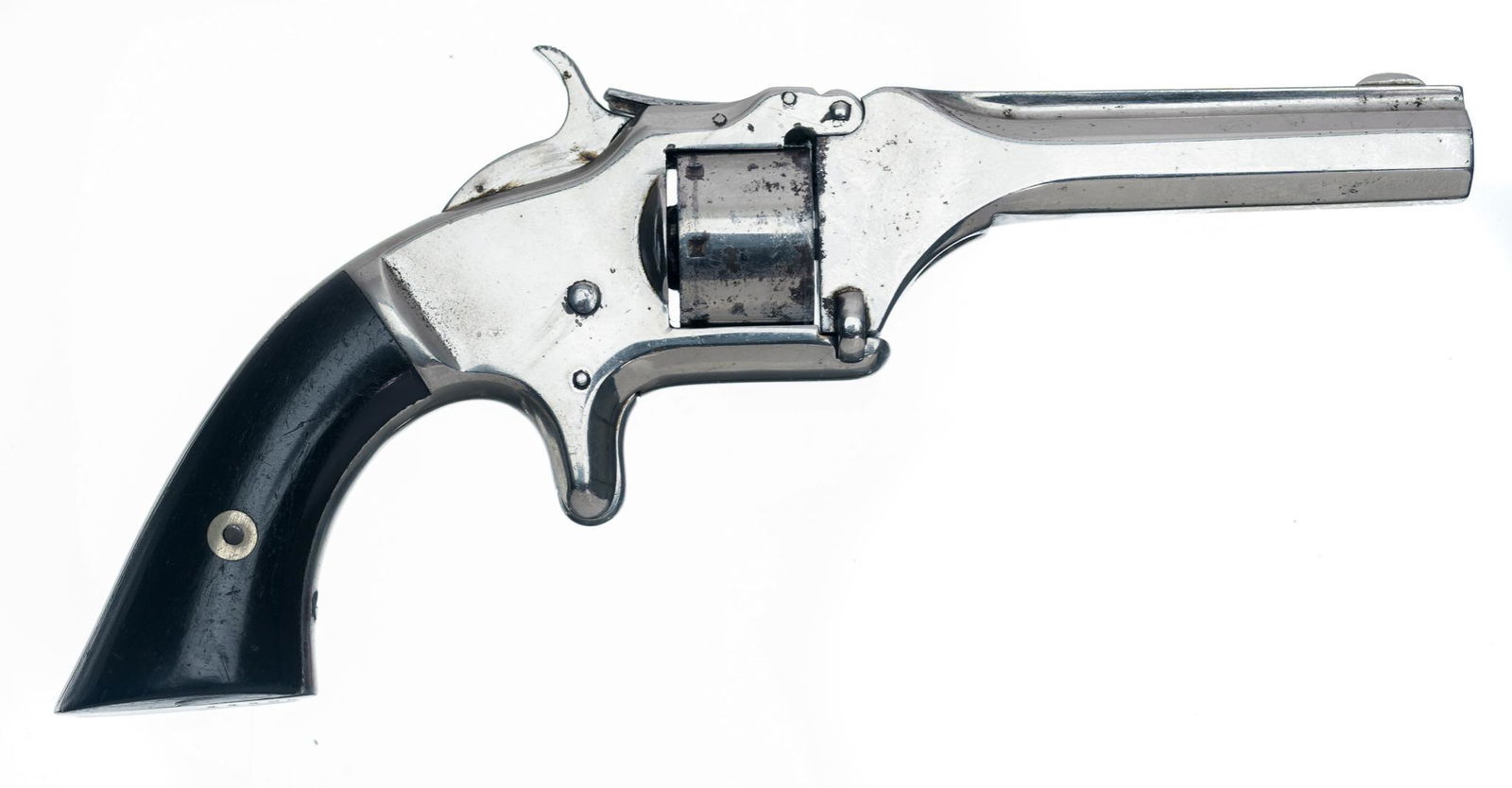 Smith & Wesson No.1 Second Issue .22 Short Tip-Up Revolver: Serial: 44482 Manufacturer: Smith & Wesson (c. 1860-1868) Model: No.1 Second Issue Tip-Up Caliber: .22 Short Barrel length: 3.125" Condition: Very Good for age; ebonized rosewood grips have ha