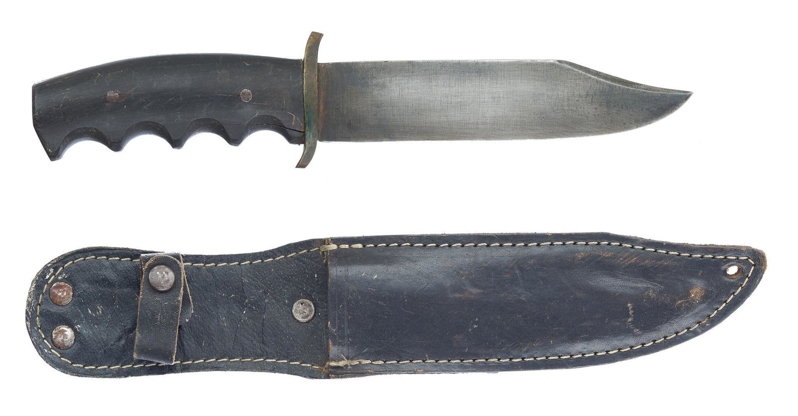 Dan Nguyen Vietnam Custom Fighting Knife W/ Sheath: Includes: leather sheath; buffalo horn handle Blade Length: 5.75" long Overall Length: 10" long Condition: Good; some cracking at top of horn handle on either side; light handling marks & 