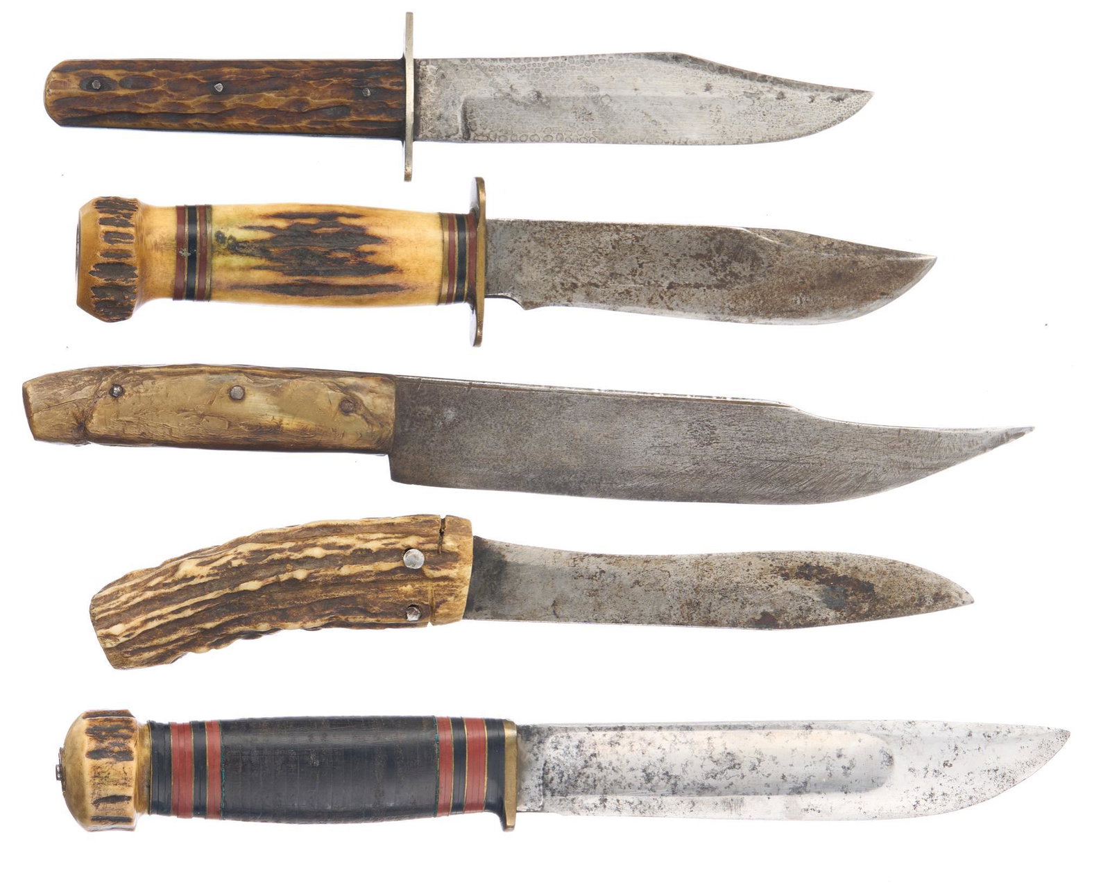 Lot of 5 Vintage Hunting Knives W/ Sheaths: Includes: -Marble's Galdstone hunting knife w/ leather sheath & stag handle; 4.5" long blade, 9" long overall -Marble's Gladstone hunting knife w/ stacked wood & stag handle; 5