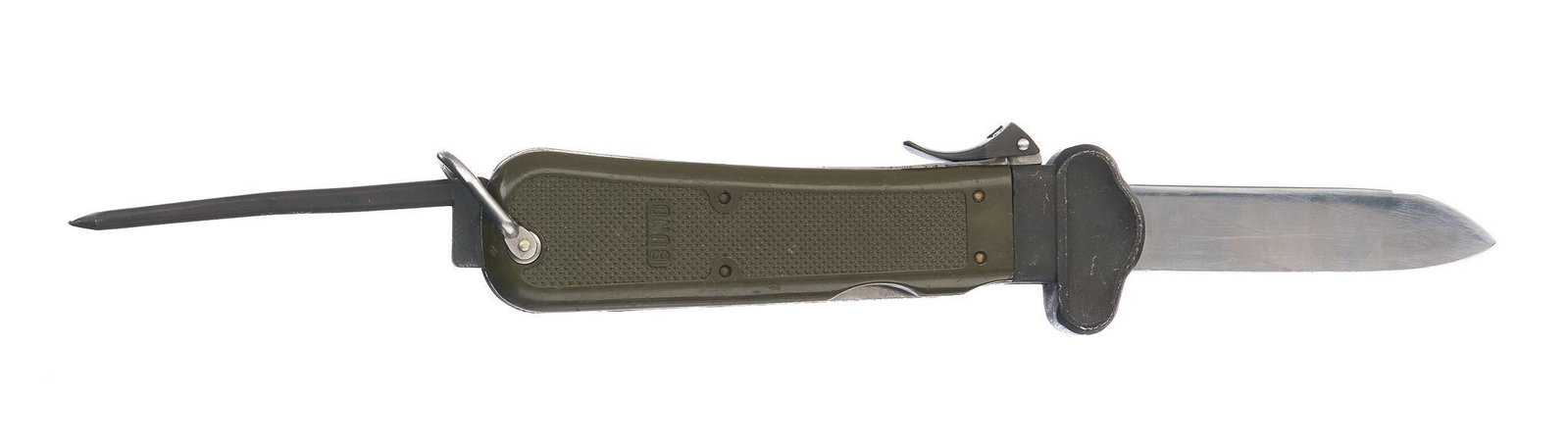 German Special Forces Bund Paratrooper Gravity Knife: Blade Length: 3.5" long Overall Length: 10" long open Condition: Good; wear & handling marks commensurate w/ age & use on blade & handle; strong checkering on handle Includes: spik