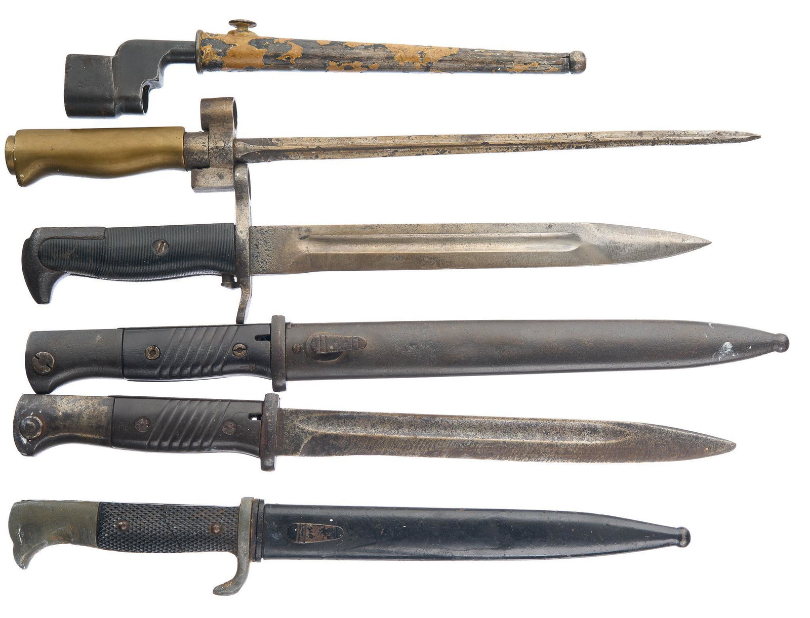 Collection of 5 Various Bayonets: Includes: -U.S. M1 bayonet; marked: U C / U ordnance bomb S; 9" blade; fair condition -German WWII K-98 Dress bayonet w/ scabbard; unmarked; 6.5" blade; poor condition -German WWII M1884/98 II