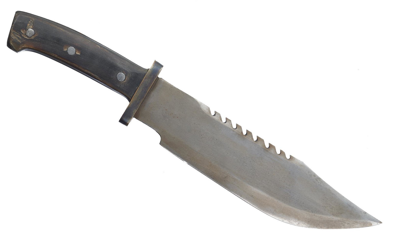US Vietnam Theater-Made Fighting Knife W/ Sheath: Includes: saw-back bright blade; green horn handle; original green webbing sheath; hand drawn diagram and description of knife Marked: sheath is marked 1ST SGT. STEVENS; diagram is signed R Ballard &#