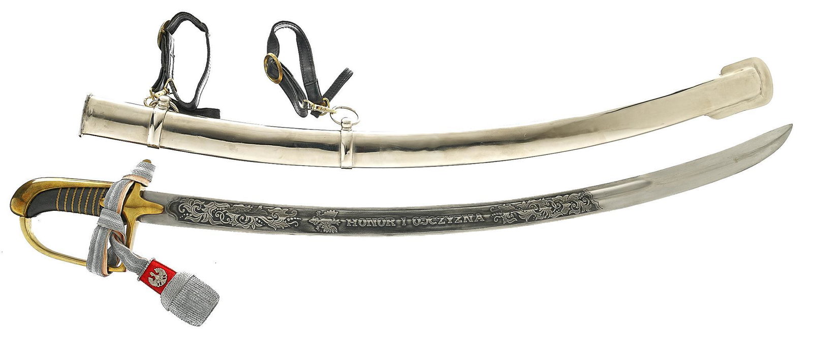 Polish Army Officer's Engraved Dress Sword W/ Scabbard: Includes: scabbard; Portapee Knot; leather hanger straps Marked: blade engraved HONOR I OJCZYZNA (Honor & Fatherland) Blade Length: 31" long Overall Length: 36" long Condition: Very Good; 