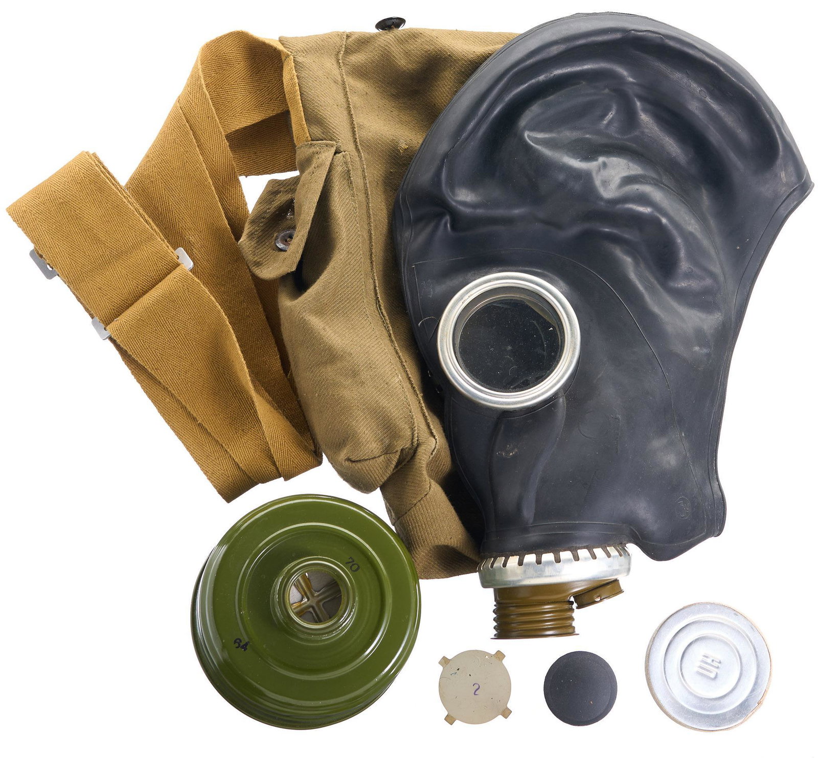 Vintage Soviet Gas Mask W/ Filter & Carrying Sack: Includes: -Gas mask: marked 185 / C89 & CY in a circle -filter canister: marked rn-5 / 857-4-88 -carrying sack: marked Vill - 89 on the interior Condition: Good; expect
