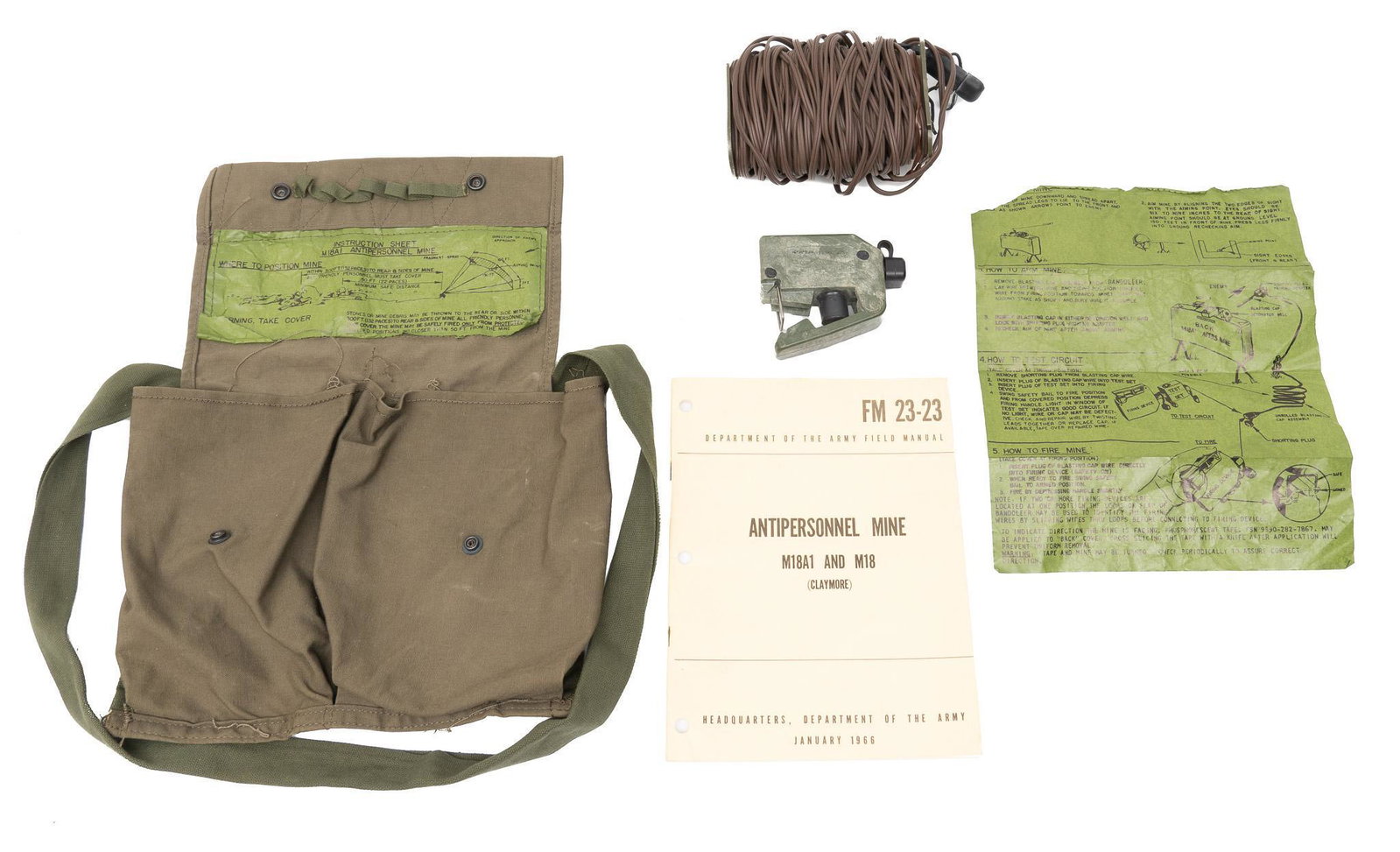 M18A1 Claymore Mine Accessories: Includes: -canvas carry pouch w/ instructions -detonation wire M57 detonation device -FM 23-23 Antipersonnel Mine M18A1 & M18 Claymore field manual Condition: Very Good; some of instructions are r