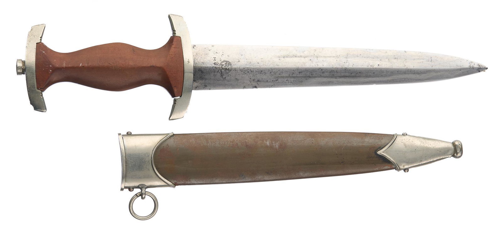WWII German SA Dagger W/ Scabbard: Includes: scabbard; SA & eagle roundels Marked: RZM insignia over M 7/49; blade etched Alles fur Deutschland; Wm on crossguard Blade Length: 8.5" long Overall Length: 13.5" long
