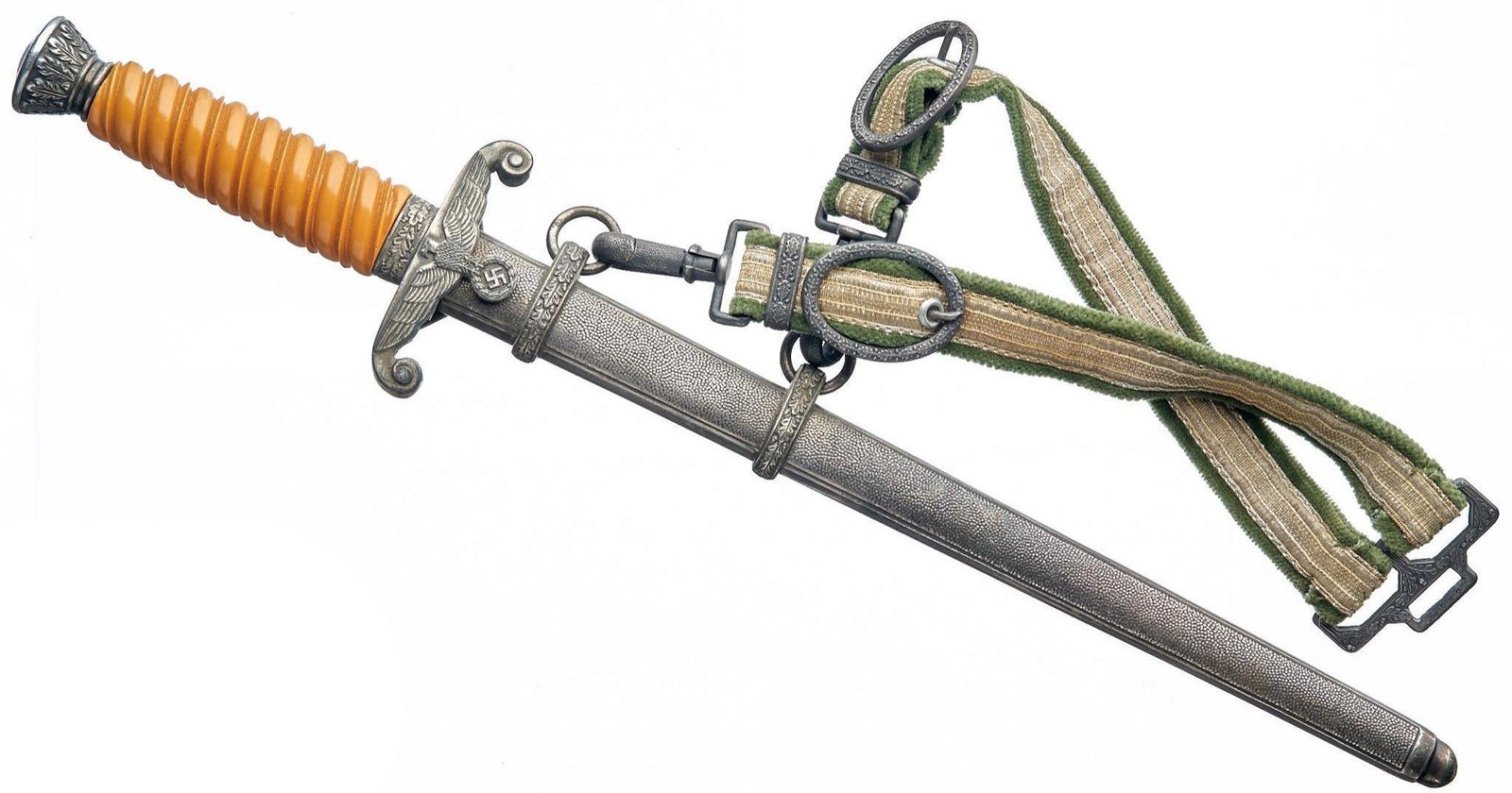 WWII German Army Dagger W/ Scabbard & Hangers: Includes: scabbard w/ rings & hangers Marked: hanger marked D.R.G.M. Blade Length: 10" long Overall Length: 14.5" long Condition: Good; blade has very light pitting patches w/ light scabba