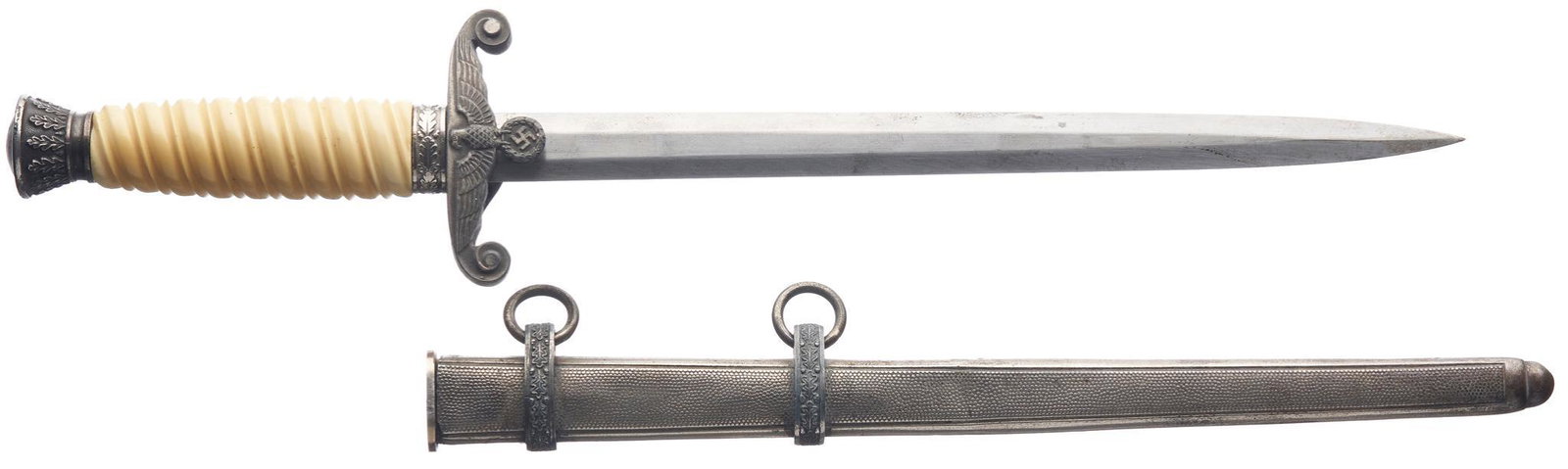 WWII German Army Dagger W/ Scabbard: Includes: scabbard w/ rings Marked: N/A Blade Length: 9.75" long Overall Length: 14.25" long Condition: Good; blade has light scattered pitting & scabbard wear; handle & crossguard hav