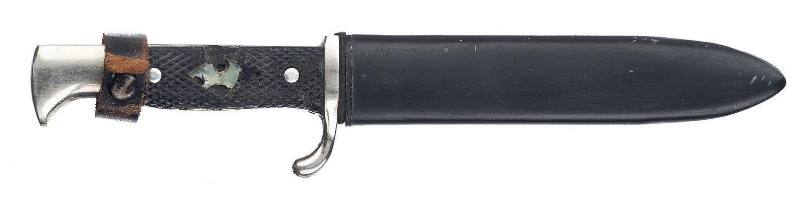 WWII Nazi Hitler Youth Dagger W/ Scabbard: Blade Length: 5" long Overall Length: 10" long Condition: Fair; grips have breaks/cracks & medallion is missing; Includes: metal scabbard w/ leather strap Marked: Blut und Ehre!; RZ / M