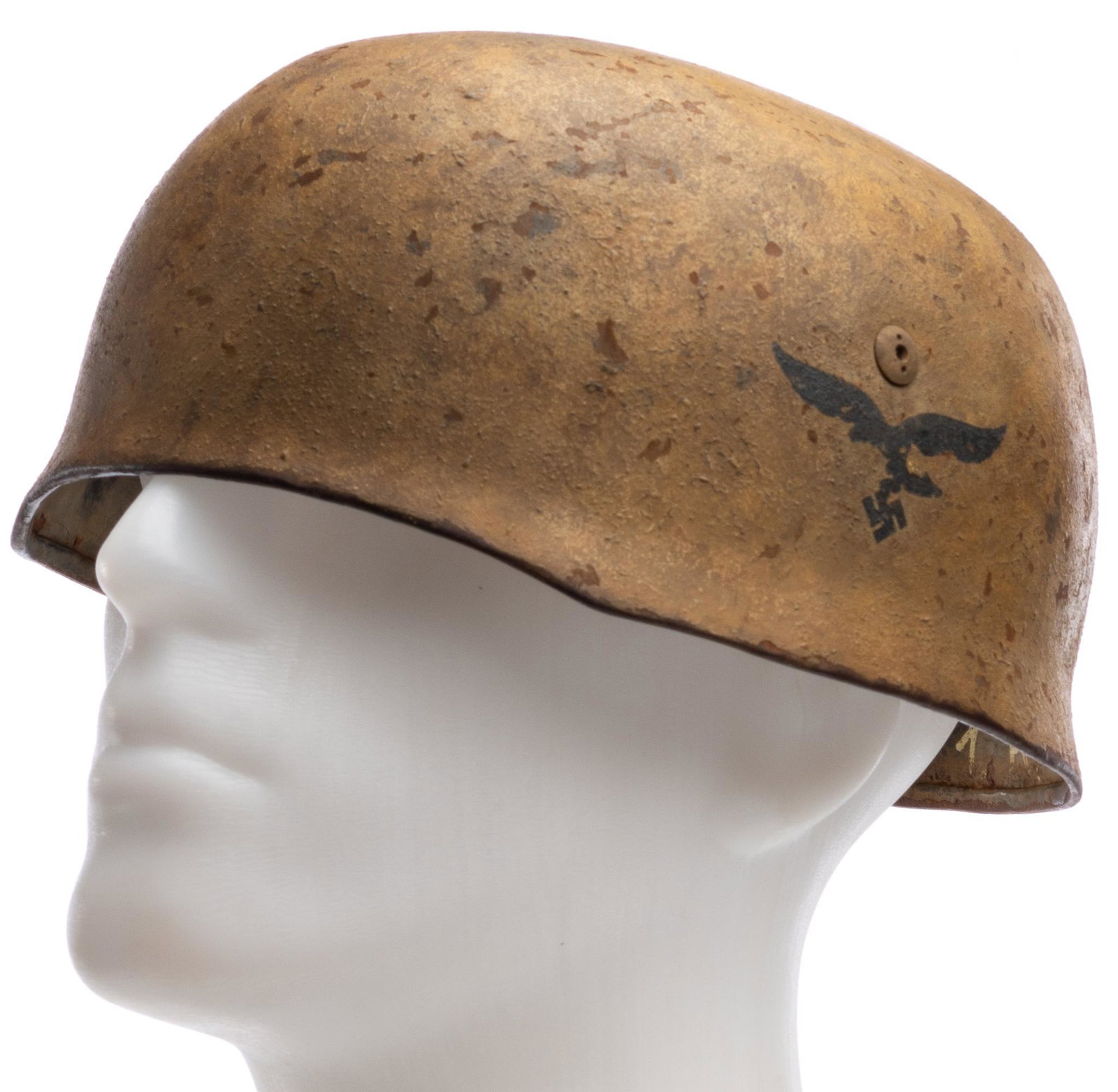 WWII German Paratrooper Fullschirmjager Tropical Helmet: Includes: outline of Luftwaffe decal w/ no paint remaining; marked CKL 71 on year edge of helmet interior; handpainted F. W. Nauman 1. KP under helmet mark Condition: helmet is rusted throughout; trop
