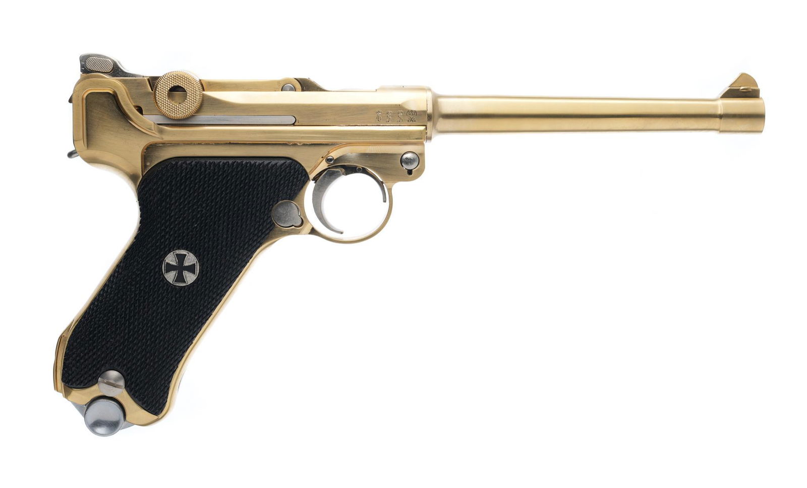 Non-Firing Franklin Mint Luger P-08 Marine Gold Pistol Replica: Serial: N/A Manufacturer: Made in Japan, Franklin Mint Model: Luger P-08 Marine Caliber: N/A Barrel length: 6" Condition: Excellent; little to no handling marks Includes: factory case w/ Franklin
