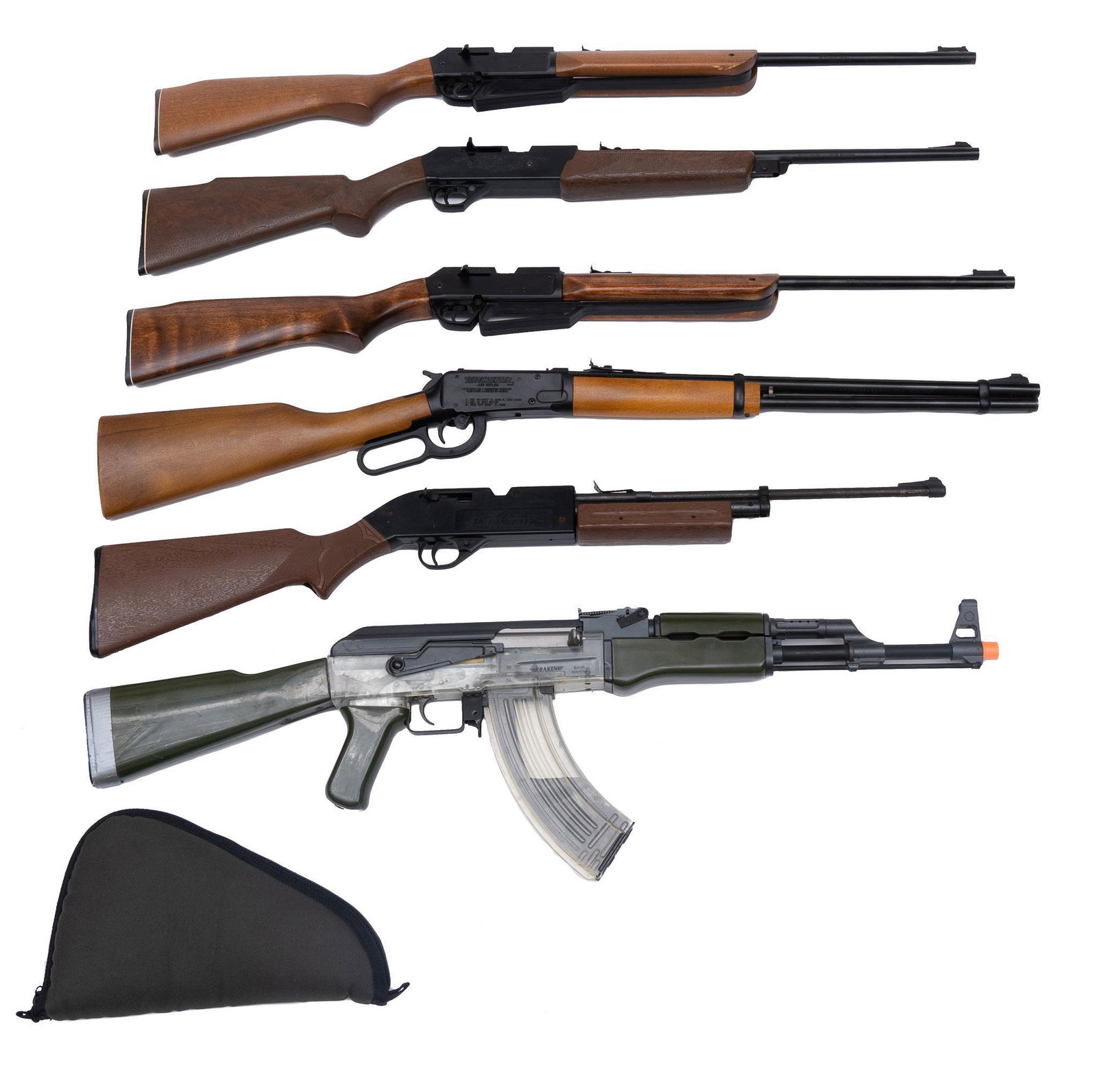 Collection of 7 Airsoft, BB & Pellet Rifles & Pistol: Daisy & Crosman: 1) Kraken AfterMath AK-47 6mm Airsoft Rifle; in fair used condition, unclear if it functions or just needs batteries, duct tape around buttplate 2) Daisy Powerline 860 .177Cal Pellet/BB Rifle; in fair