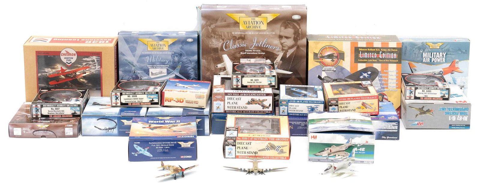 Collection of 23 Mixed Die-Cast Model Planes: Includes: -models from multiple eras -Airliner Collection Boeing 307 Stratoliner "TWA" 1:250 scale -HobbyMaster JU-87 G1 "Tank Fighting Experimental Unit" 1:72 scale -HobbyMaster A-4E 