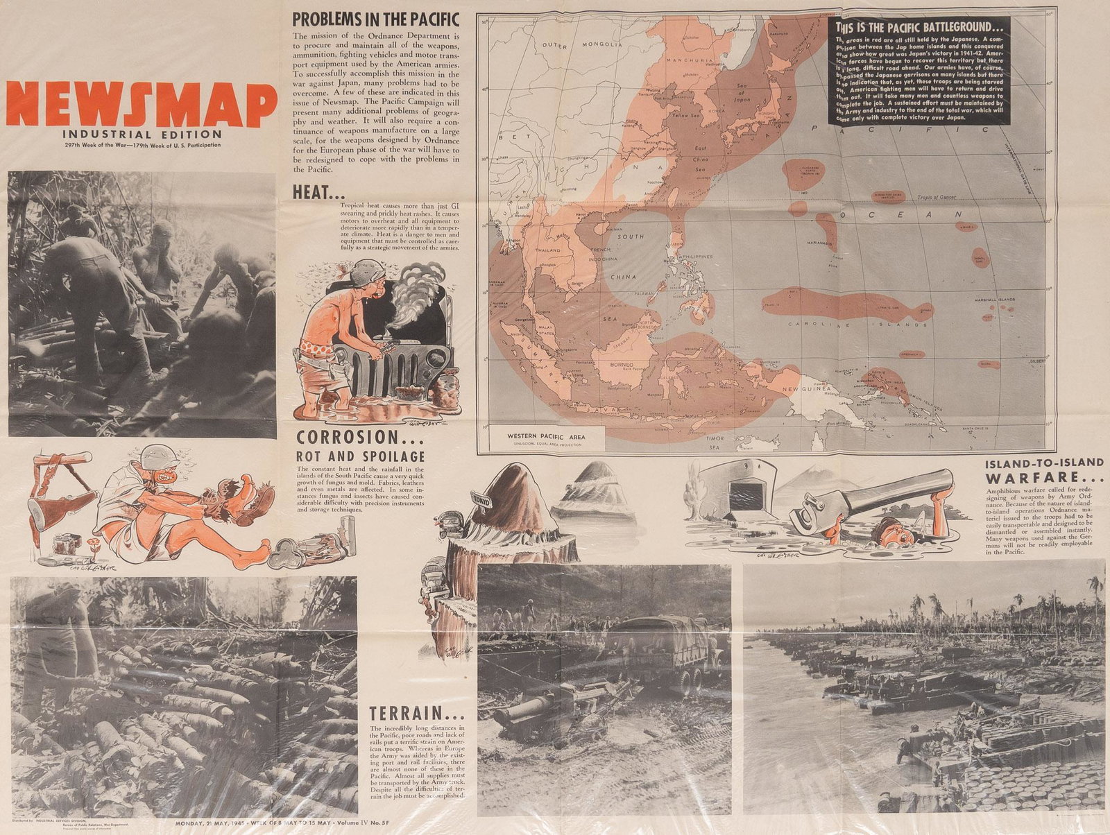 WWII US Newsmap Poster, Will Eisner Cartoons, C. 1945: U.S. Government Printing Office, "Newsmap Industrial Edition - 29th Week of the War-179th Week of U.S. Participation", c. 1945, Volume IV No. 5F, poster size: 35 x 47" -Graphics by Cartoon